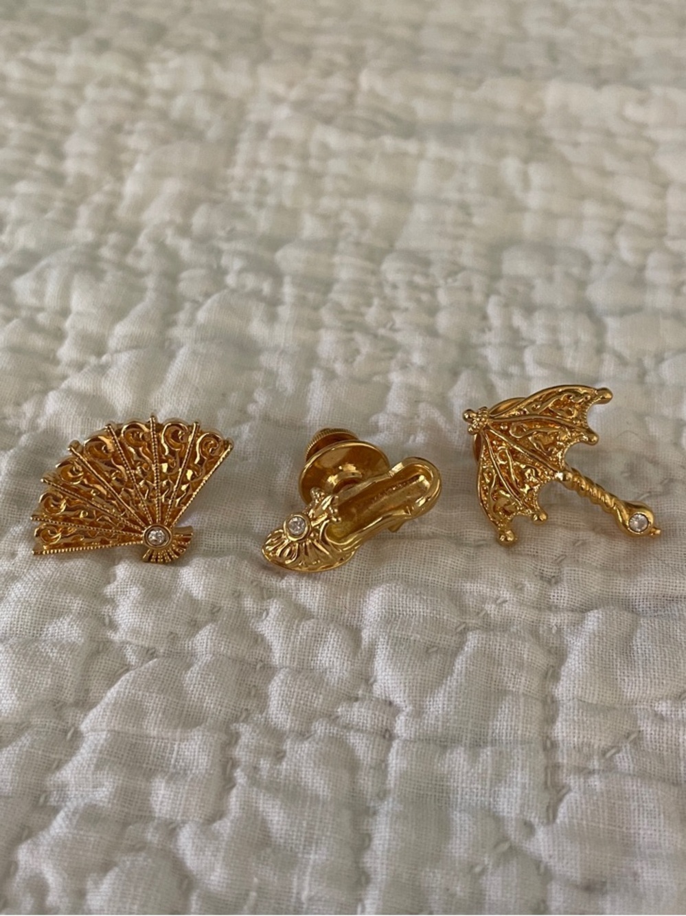 Gold Fan, Shoe and Umbrella Pin Trio - Women Jewelry